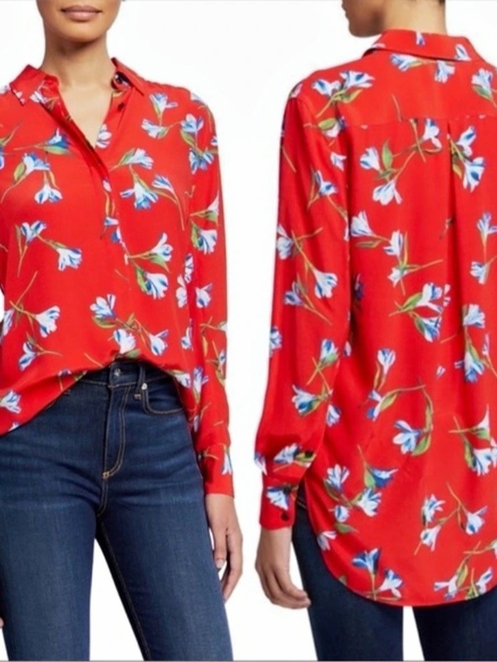 rag & bone Anderson Printed Silk Blouse Floral Red & Blue XS